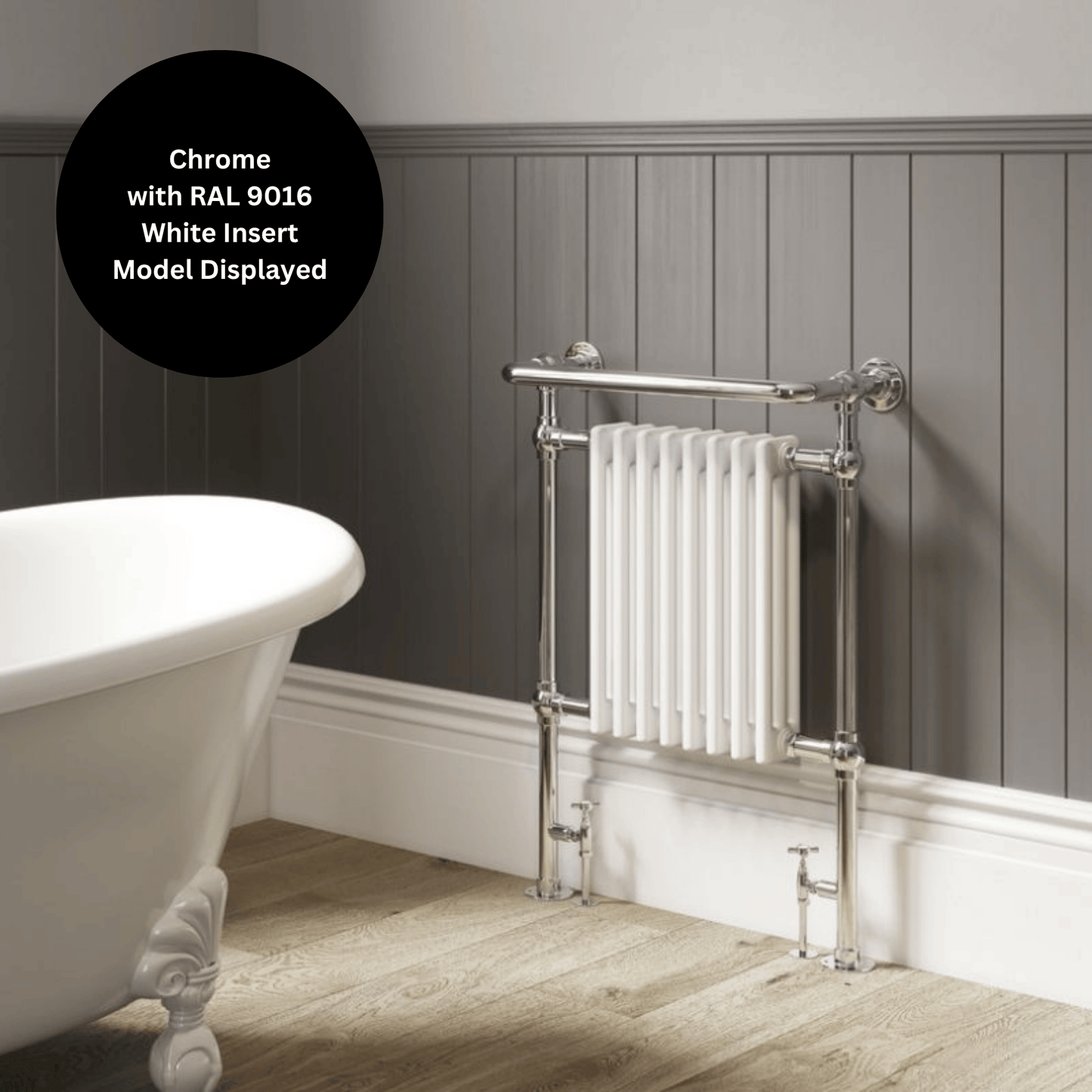 DQ Croxton Floor Mounted Towel Rail - 952mm x 500mm - Polished Nickel with White (RAL 9016) Insert - CROXTON-1-PN