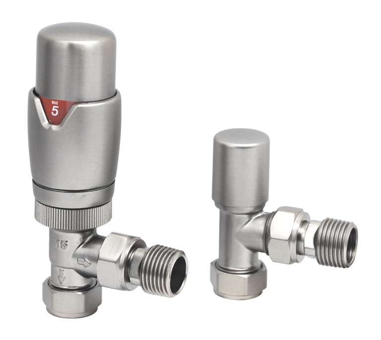 Vitow Modern Round TRV & Lockshield Set - Angled - Satin Brushed Nickel