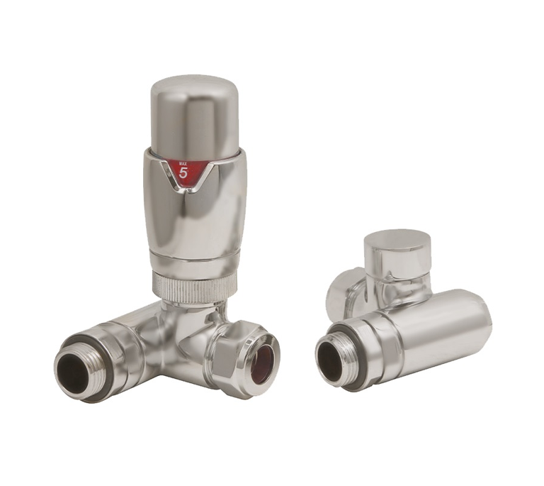 Vitow Modern Round Dual Fuel TRV & Lockshield Set - Corner - Satin Brushed Nickel