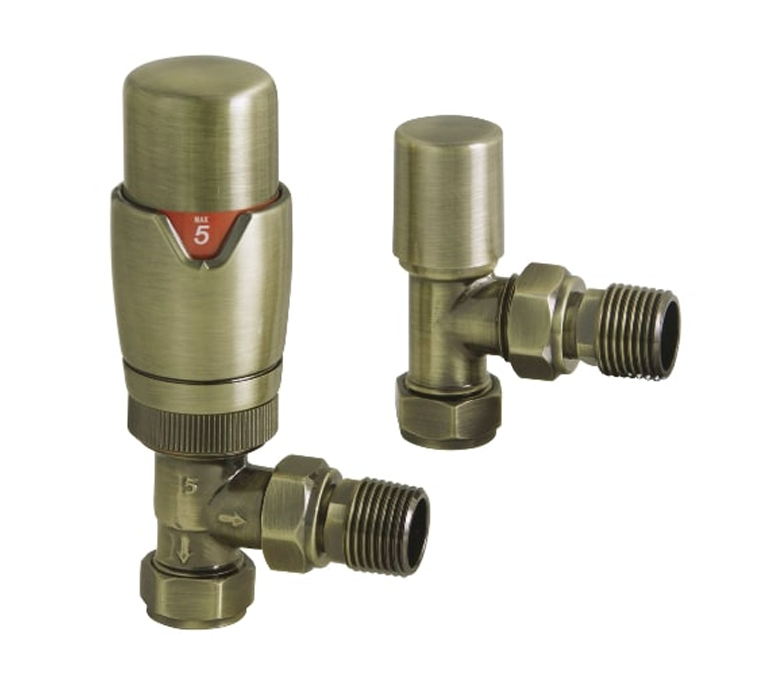 Vitow Modern Round TRV & Lockshield Set - Angled - Brushed Brass
