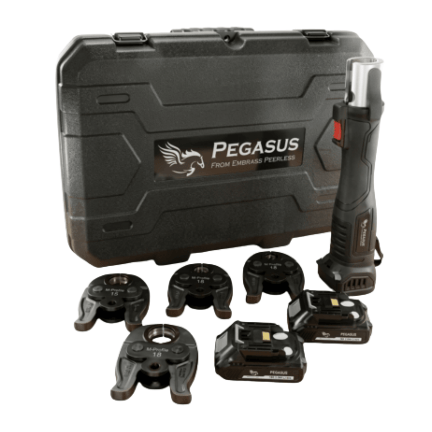 Pegasus Pressfit Gun with M-Profile Jaws in 15mm, 22mm, 28mm & 35mm & 2x Batteries with Carry Case - 435100