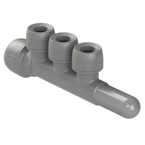 PolyPlumb Enhanced Manifold - 3 Port (Socket/Spigot) Single Sided - 22mm x 15mm - Grey - PB7622153