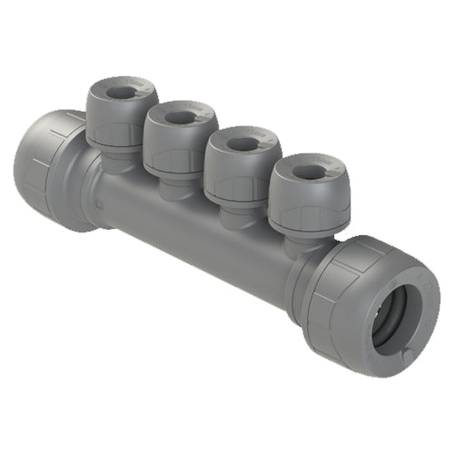 PolyPlumb Enhanced Manifold - 4 Port (Socket/Socket) Single Sided - 22mm x 10mm - Grey - PB7322104
