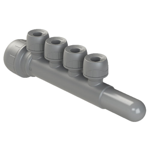 PolyPlumb Enhanced Manifold - 4 Port (Socket/Spigot) Single Sided - 22mm x 10mm - Grey - PB7622104