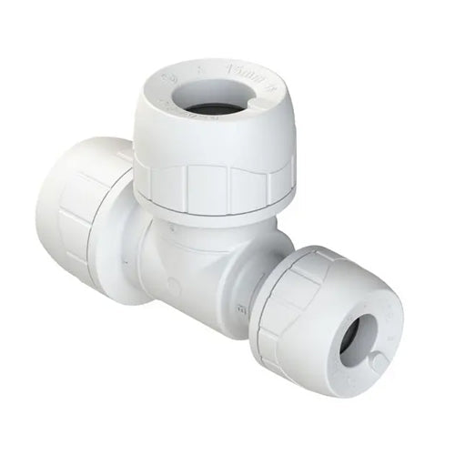 PolyPlumb Enhanced Reducing Tee - End - 15mm x 10mm x 15mm - White - PB1415EW