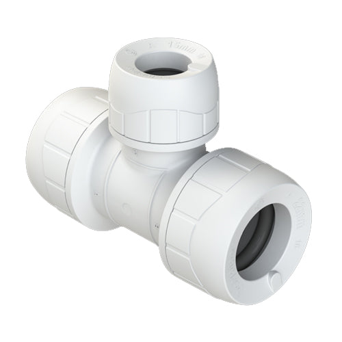 PolyPlumb Enhanced Reducing Tee - Branch - 15mm x 15mm x 10mm - White - PB0115EW