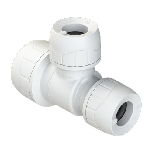 PolyPlumb Enhanced Reducing Tee - Branch & One End - 15mm x 10mm x 10mm - White - PB1515EW