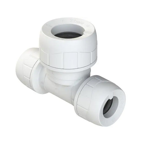 PolyPlumb Enhanced Reducing Tee - Both Ends - 15mm x 15mm x 22mm - White - PB1622EW