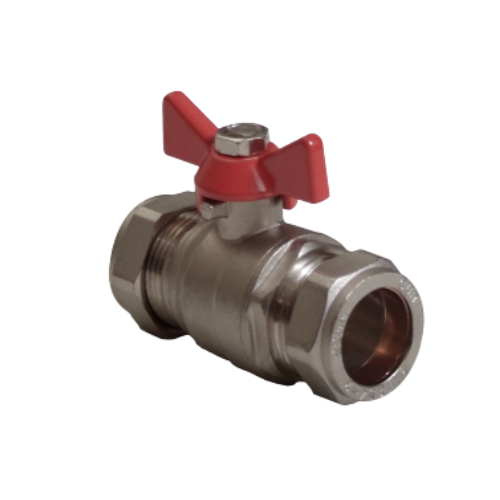 Butterfly Full Bore Ball Valve - Red T-Bar Handle - 28mm - WRAS Approved