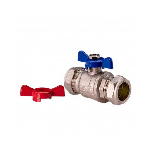 Butterfly Ball Valve - Red/Blue T-Bar Handle - 22mm - WRAS Approved