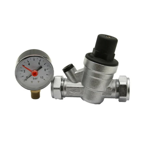 Pressure Reducing Valve with Gauge - 22mm with 15mm Reducers