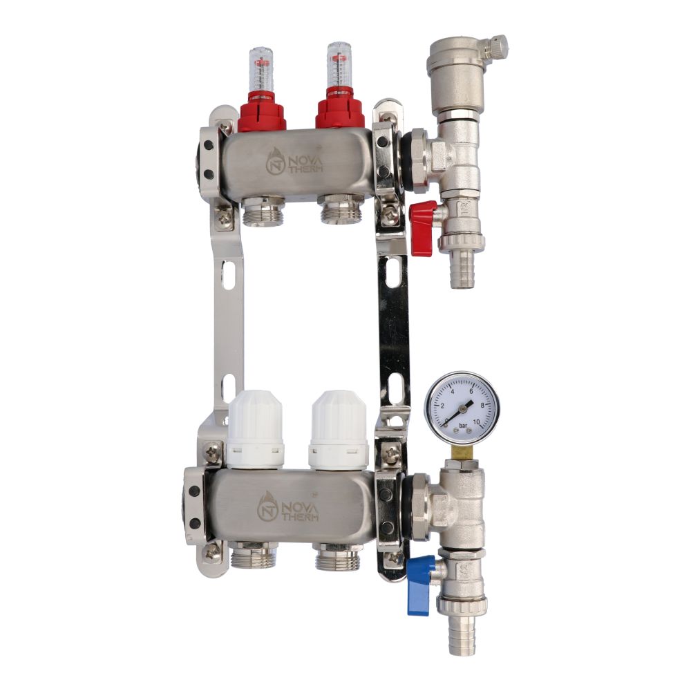 NovaTherm Dualmix Manifold Assembly Stainless Steel inc Pressure Gauge and Air Vent - 2 Port - NMSS-1F-3/4x2
