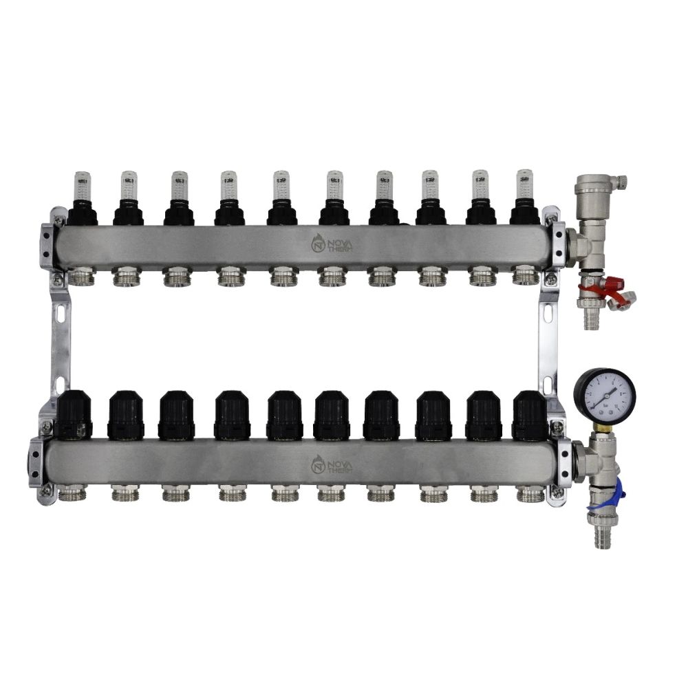 NovaTherm Dualmix Stainless Steel Manifold Assembly inc Pressure Gauge and Air Vent - 10 Port - NMSS-1F-3/4x10