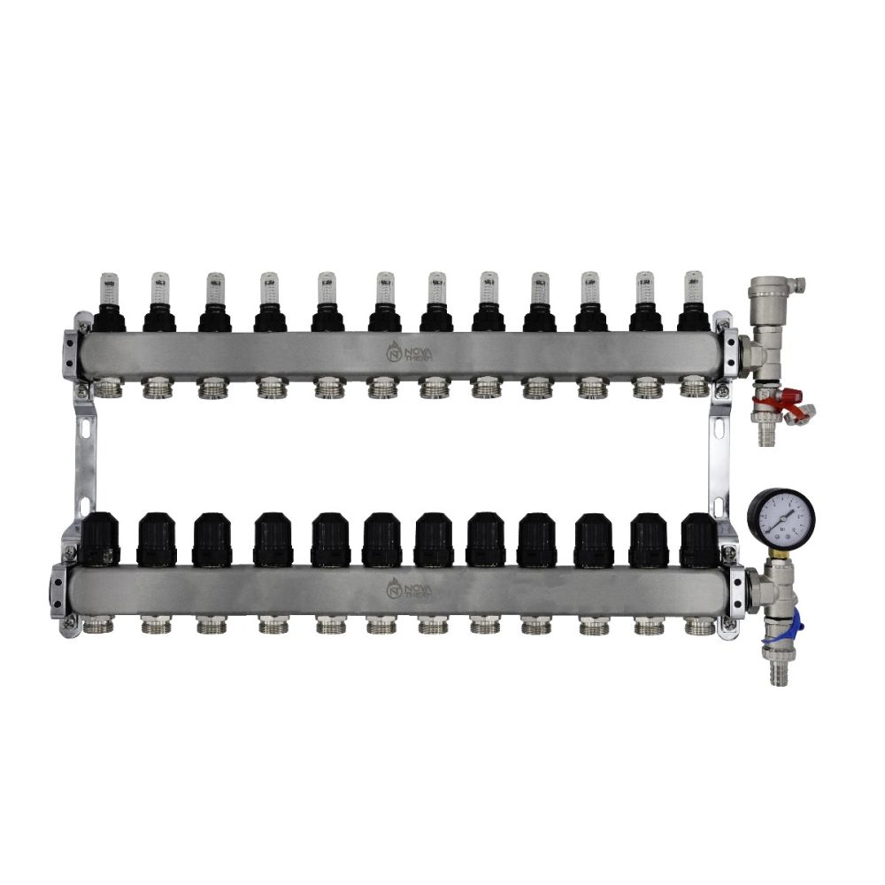 NovaTherm Dualmix Stainless Steel Manifold Assembly inc Pressure Gauge and Air Vent - 12 Port - NMSS-1F-3/4x12