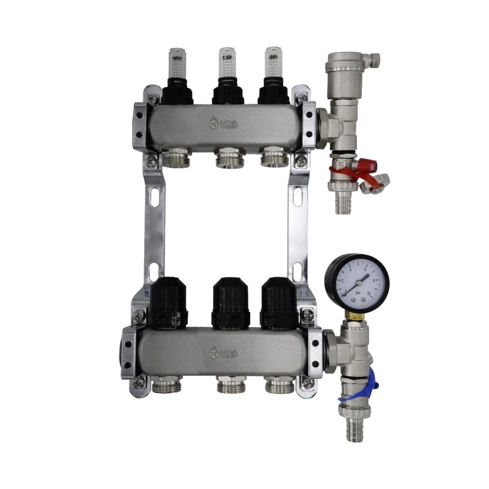 NovaTherm Dualmix Stainless Steel Manifold Assembly inc Pressure Gauge and Air Vent - 3 Port - NMSS-1F-3/4x3