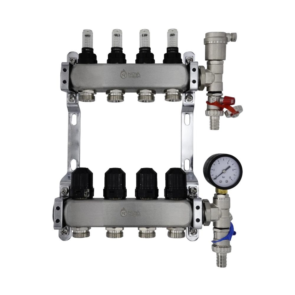 NovaTherm Dualmix Stainless Steel Manifold Assembly inc Pressure Gauge and Air Vent - 4 Port - NMSS-1F-3/4x4