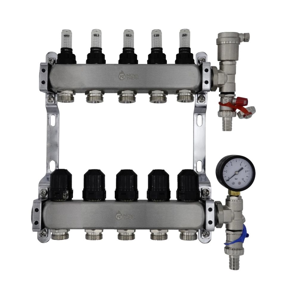 NovaTherm Dualmix Stainless Steel Manifold Assembly inc Pressure Gauge and Air Vent - 5 Port - NMSS-1F-3/4x5