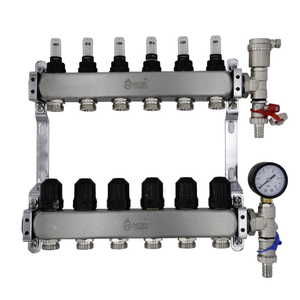 NovaTherm Dualmix Stainless Steel Manifold Assembly inc Pressure Gauge and Air Vent - 6 Port - NMSS-1F-3/4x6