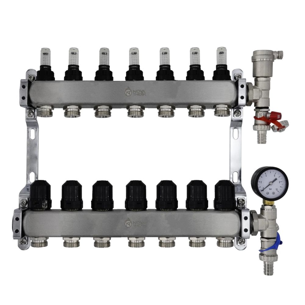 NovaTherm Dualmix Stainless Steel Manifold Assembly inc Pressure Gauge and Air Vent - 7 Port - NMSS-1F-3/4x7