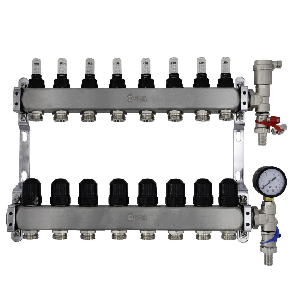 NovaTherm Dualmix Stainless Steel Manifold Assembly inc Pressure Gauge and Air Vent - 8 Port - NMSS-1F-3/4x8