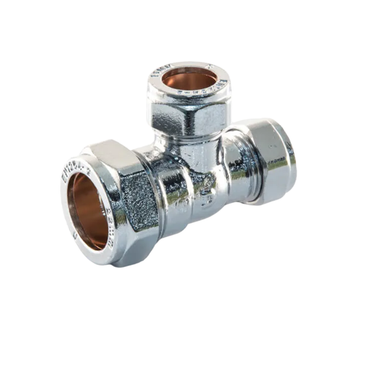 Chrome Plated Compression - Branch & One End Reducing Tee - 22mm x 15mm x 15mm