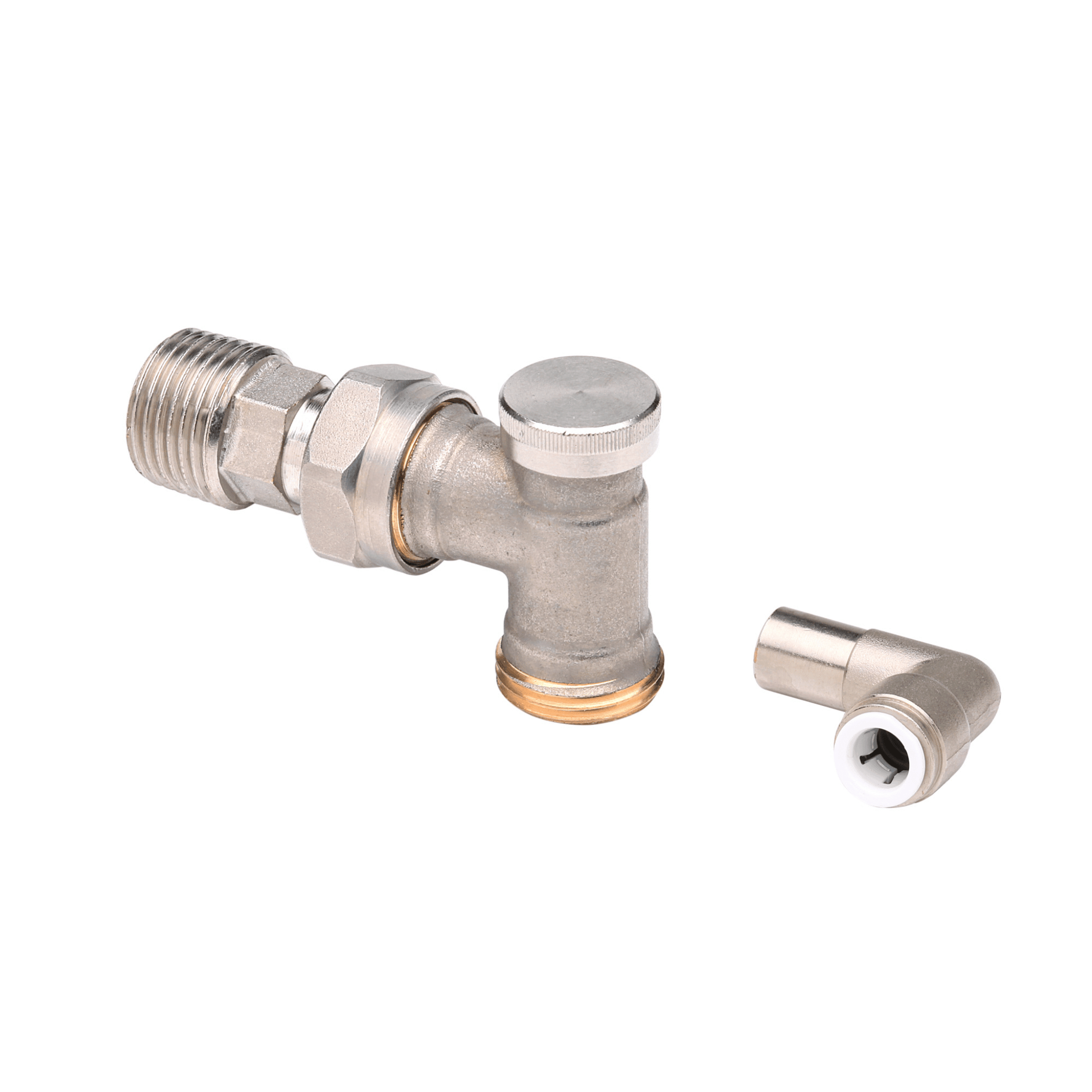 Danfoss RLV-D Lockshield Valve with Push Fit Elbow - Angle - Nickel Plated - 10mm - 003L0205