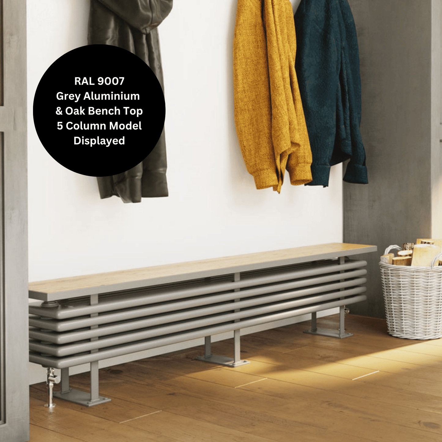 DQ Bench Column Radiator - 480mm x 1600mm - F02 Ultra Matt Black & Oak Top - BENCH6/1600-UMB