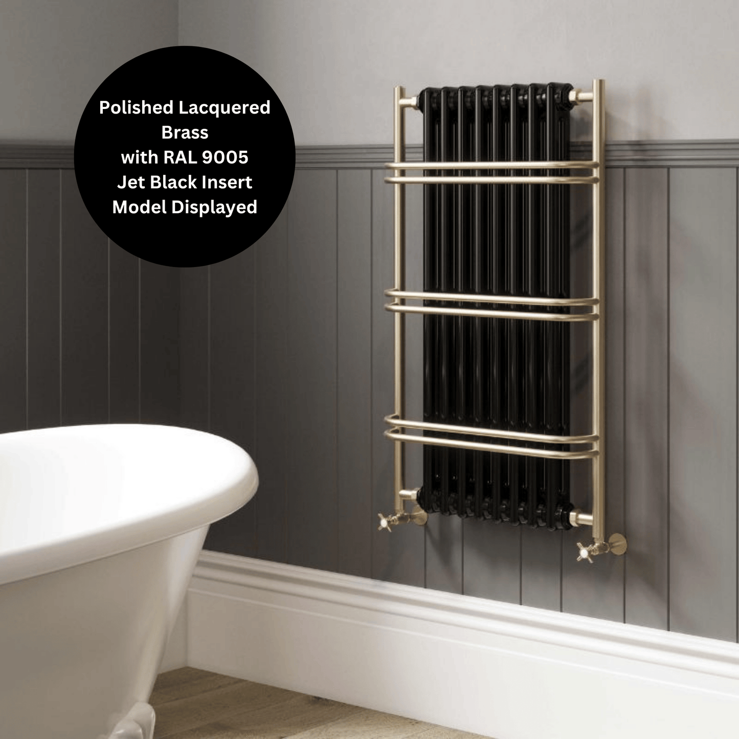 DQ Burnham Wall Mounted Towel Rail - 900mm x 525mm - Un-lacquered Polished Brass with White (RAL 9016) Insert - BURNHAM-PBU