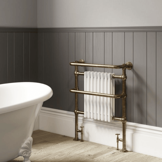 DQ Old Buckenham Wall Mounted Towel Rail - 789mm x 837mm - Antique Brass with White (RAL 9016) Insert - OLD BUCKENHAM-3W-AB