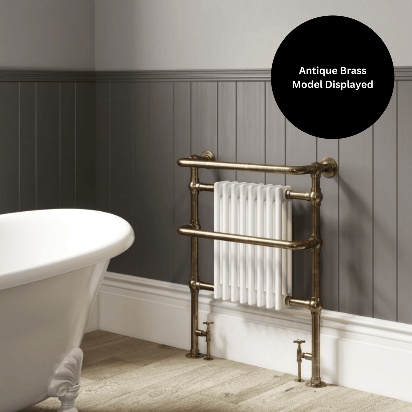 DQ Old Buckenham Floor Mounted Towel Rail - 952mm x 500mm - Matt Lacquered Brushed Brass with White (RAL 9016) Insert - OLD BUCKENHAM-1-BBM