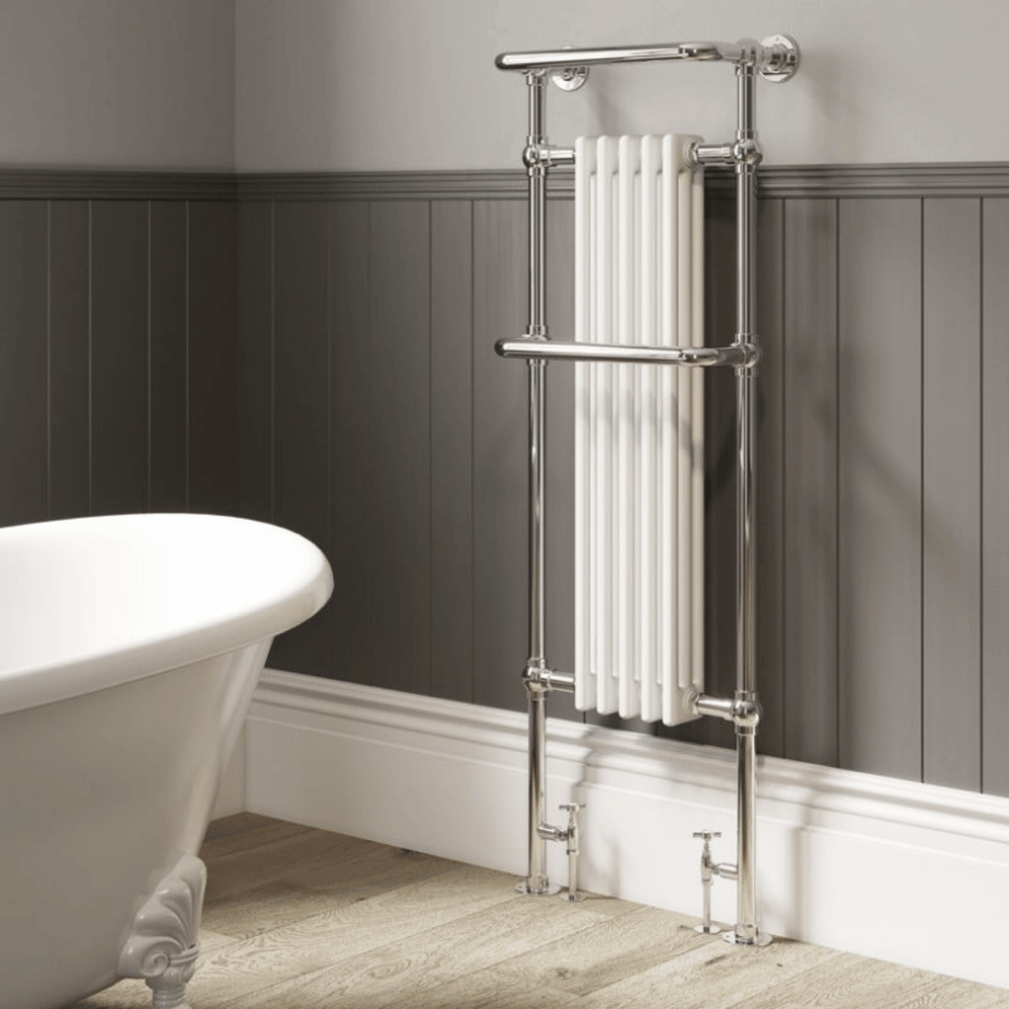 DQ Old Buckenham Floor Mounted Towel Rail - 952mm x 989mm - Chrome with White (RAL 9016) Insert - OLD BUCKENHAM-4-CP