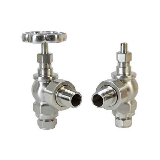 DQ Argo Luxury Manual Radiator Valves - Angled - Brushed Nickel - ARGO-ANG-BN