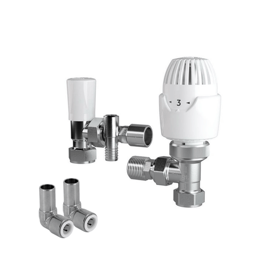 Drayton RT212 TRV, Lockshield Drain Off & 10mm Push-Fit Elbow - Angle - 15mm - 08 09 268