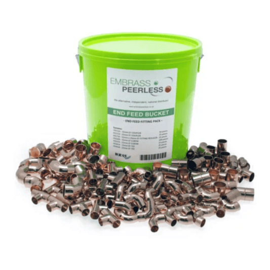 End Feed - Bucket 300 - 15mm x Coupler x 50, 22mm Coupler x 25, 22mm x 15mm Fitting Reducer x 25, 15mm Elbow x 100, 22mm Elbow x 50, 15mm Street Elbows x 25, 15mm Tee x 25