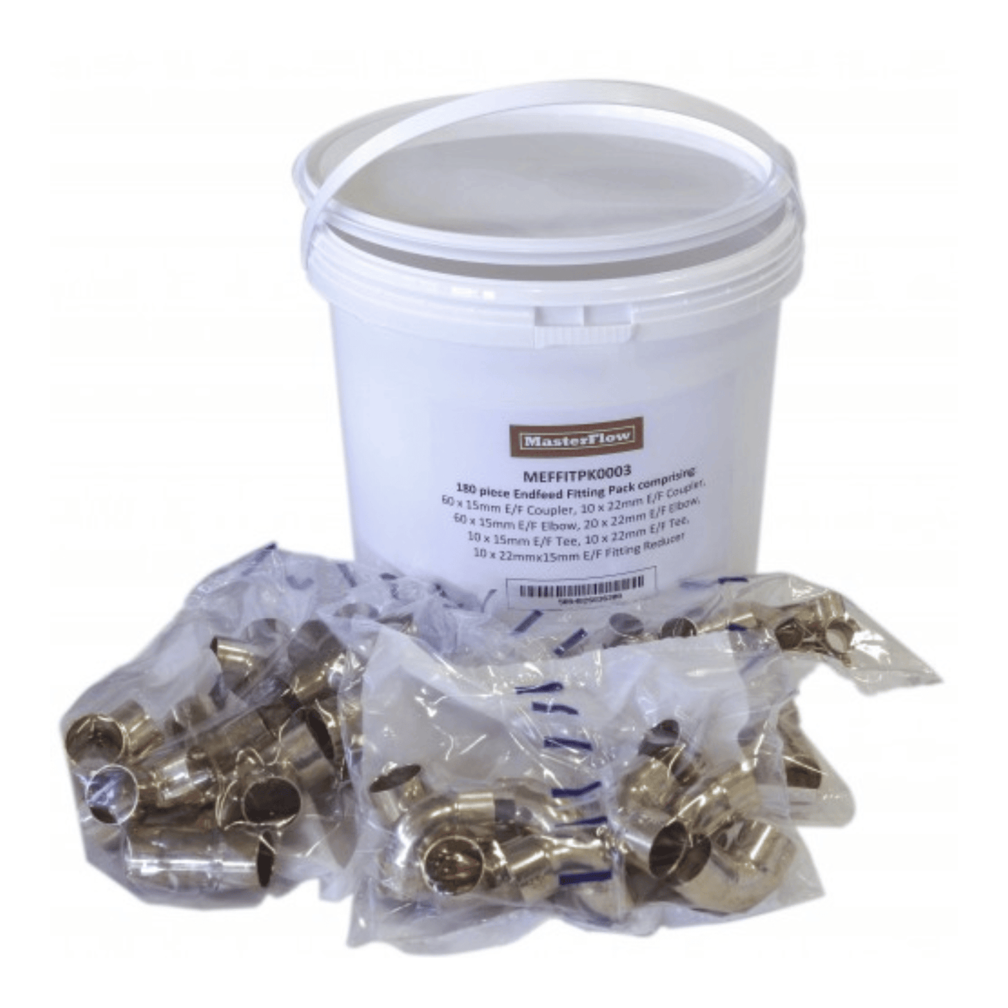 End Feed - Bucket 180:  60 x 15mm Coupler, 10 x 22mm E/F Coupler, 60 x 15mm E/F Elbow, 20 x 22mm E/F Elbow, 10 x 15mm E/F Tee, 10 x 22mm Tee  & 10 x 22x15mm E/F Fitting Reducer.