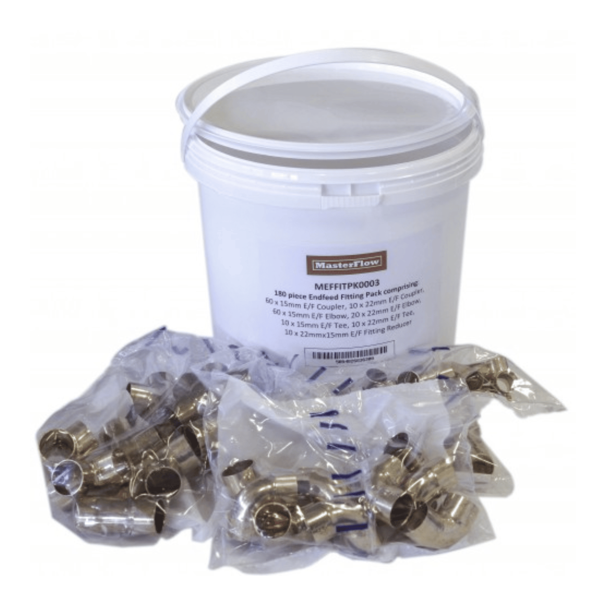 End Feed - Bucket 180:  60 x 15mm Coupler, 10 x 22mm E/F Coupler, 60 x 15mm E/F Elbow, 20 x 22mm E/F Elbow, 10 x 15mm E/F Tee, 10 x 22mm Tee  & 10 x 22x15mm E/F Fitting Reducer.