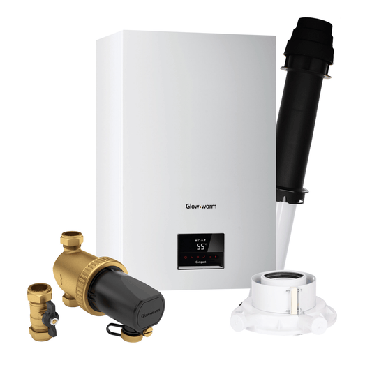 Glow-worm Compact LPG Combi 24C - Combi Boiler with Vertical Flue, Adaptor & System Filter - 10040107 + 20230604 + 10031029 + 10035820