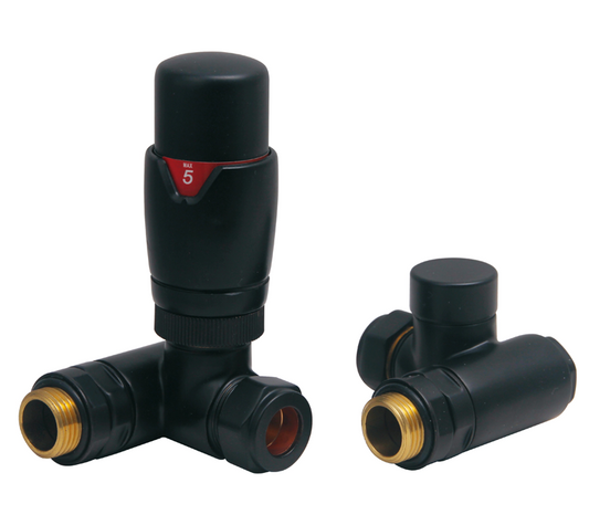 Vitow Modern Round Dual Fuel TRV & Lockshield Set - Corner - Black