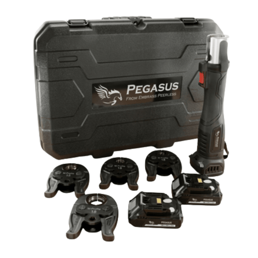 Pegasus Pressfit Gun with M-Profile Jaws in 15mm, 22mm, 28mm & 35mm & 2x Batteries with Carry Case - 435100