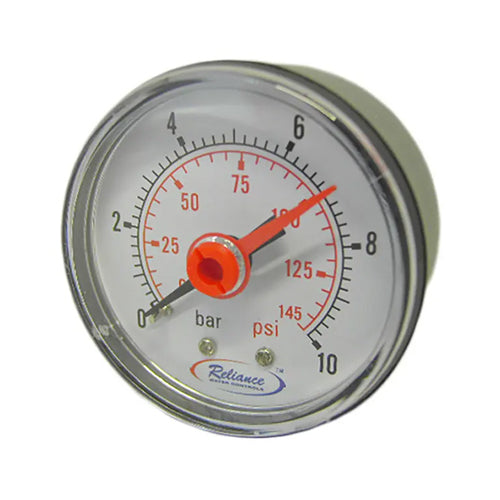 Reliance 50mm Dial Pressure Gauge 0-10 Bar - 1/4" MBSP Centre Back Inlet - GAGE250004