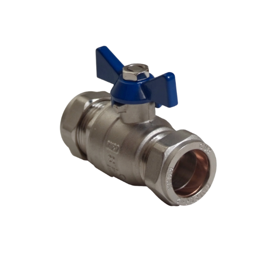 Butterfly Full Bore Ball Valve - Blue T-Bar Handle - 22mm - WRAS Approved