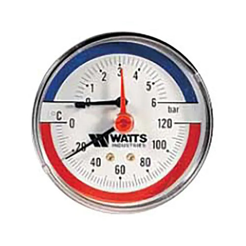 Watts Type TMAX/6 Pressure & Temperature Gauge 0-6 Bar - 1/4" Rear Entry - 332006
