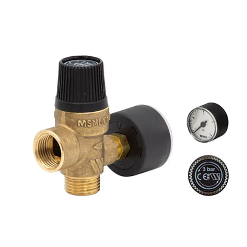 Watts Type MSML Pressure Relief Valve with Guage Port and Pressure Gauge - 3 Bar - 1/2" M/F - 210430