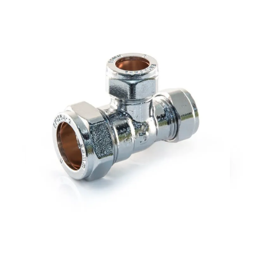 Chrome Plated Compression - Branch & One End Reducing Tee - 22mm x 15mm x 15mm